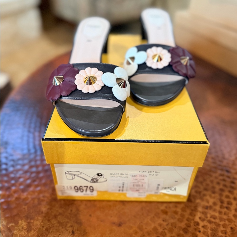 Fendi Dark Brown Sandals with Multicolor Floral Design
